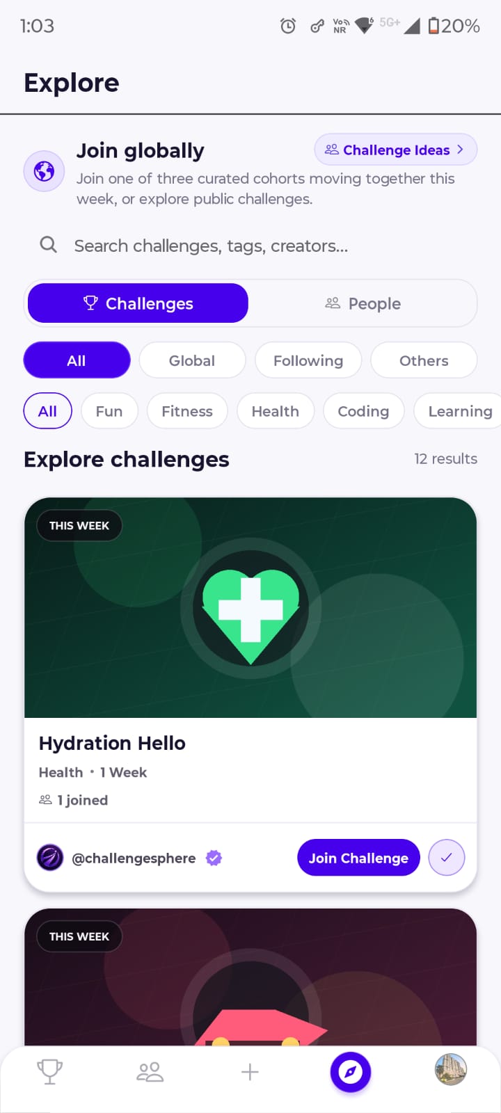 Real ChallengeSphere Explore screen